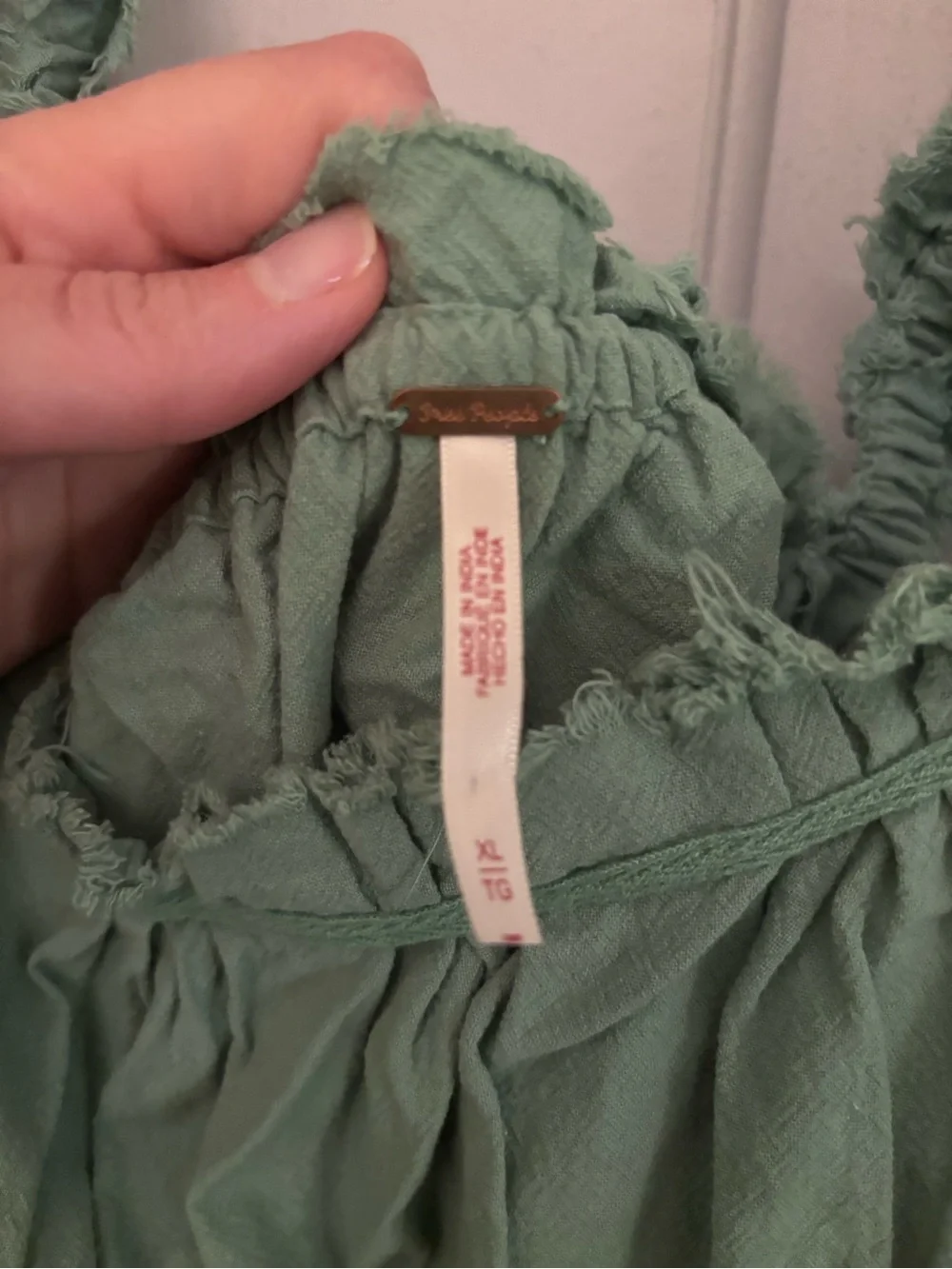 Free People Sage Green Ruffled Strap Mini Cotton Sundress sz XL pockets buttons - Picture 5 of 8